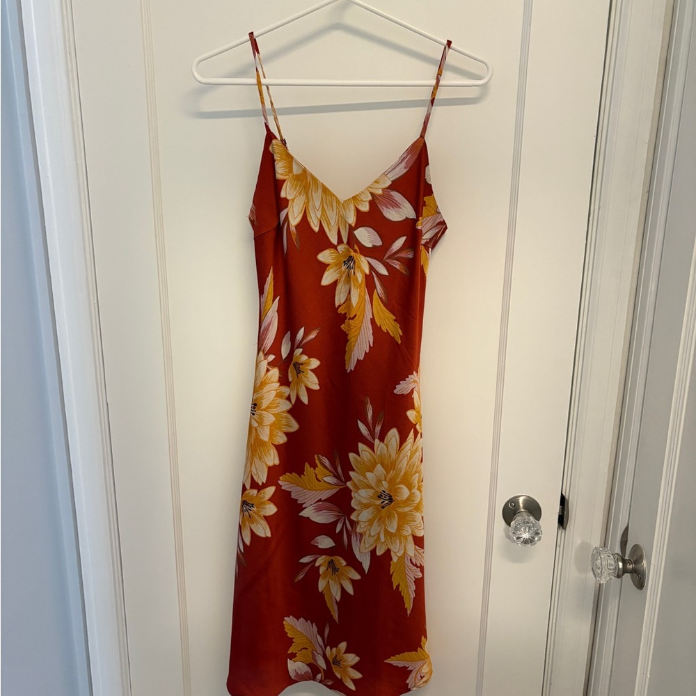 Rust Slip Dress with Yellow Floral Print